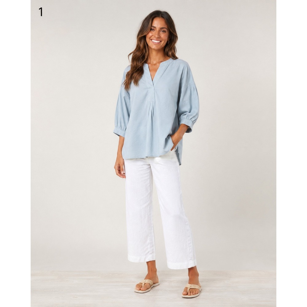 Bandolino Popover Blouse Womens Large Blue Chambray Cotton Lyocell Blend NEW